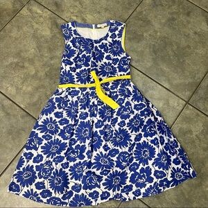 Mini Boden Floral Blue White Girl 11-12Y With Yellow Belt Church Wedding Holiday